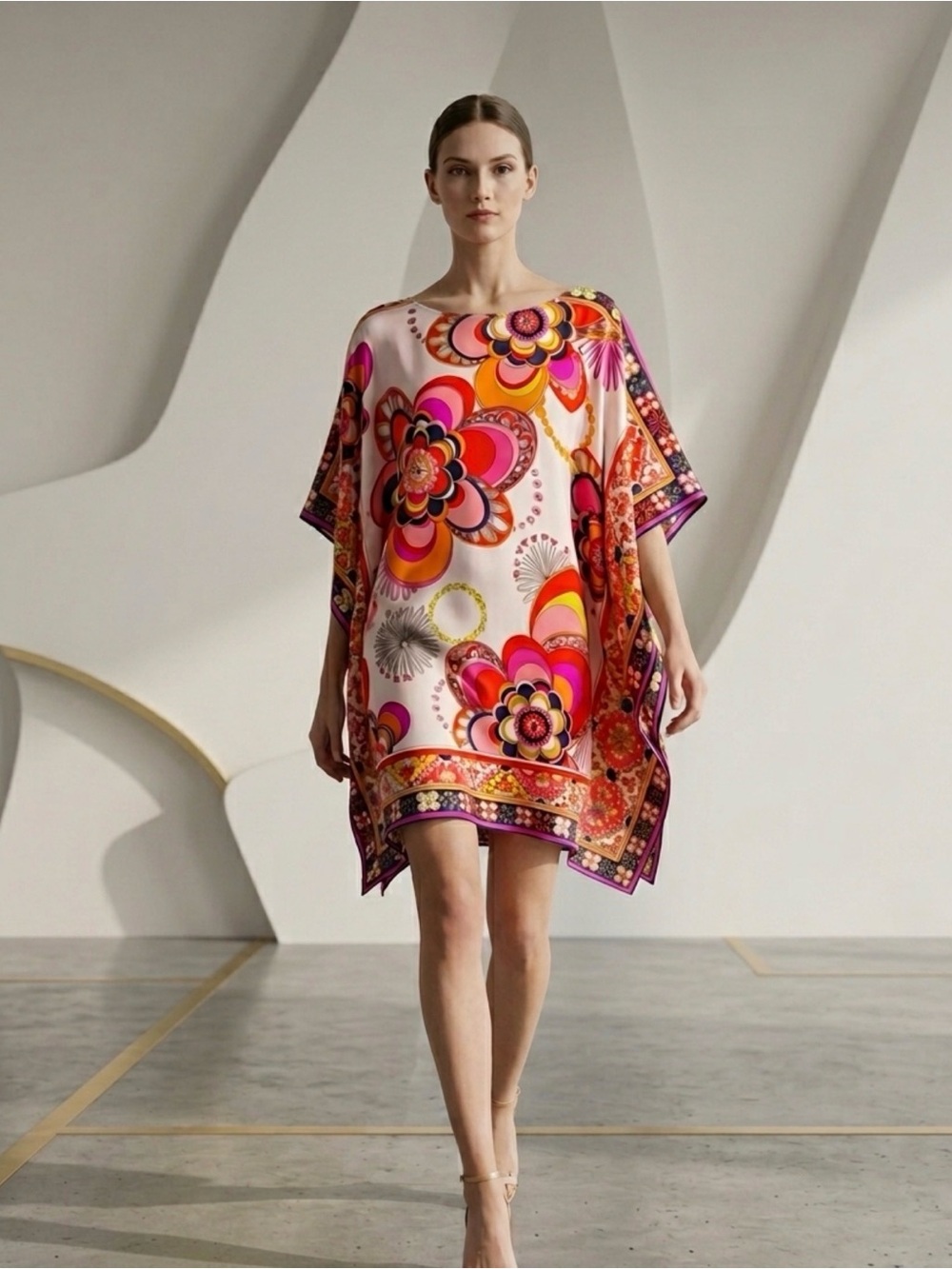 Trina Turk Short Silk Caftan Dress Pink
Orange Floral Resort Wear M*